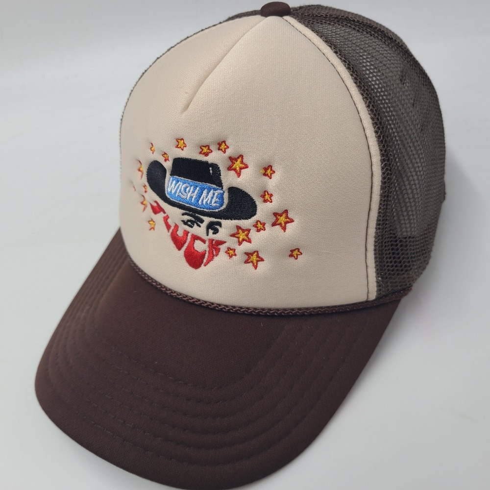 Wish Me Luck Hat Snapback Trucker Mesh Brown Beige Streetwear Cowboy Logo Men